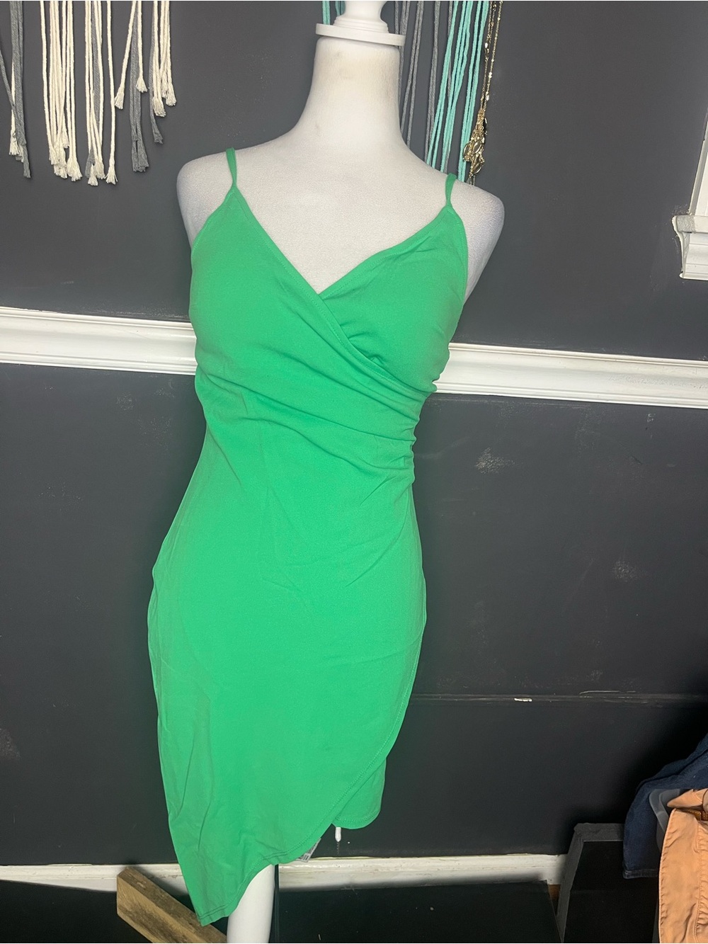 Planet Gold green mini dress with ruched detail, size Medium